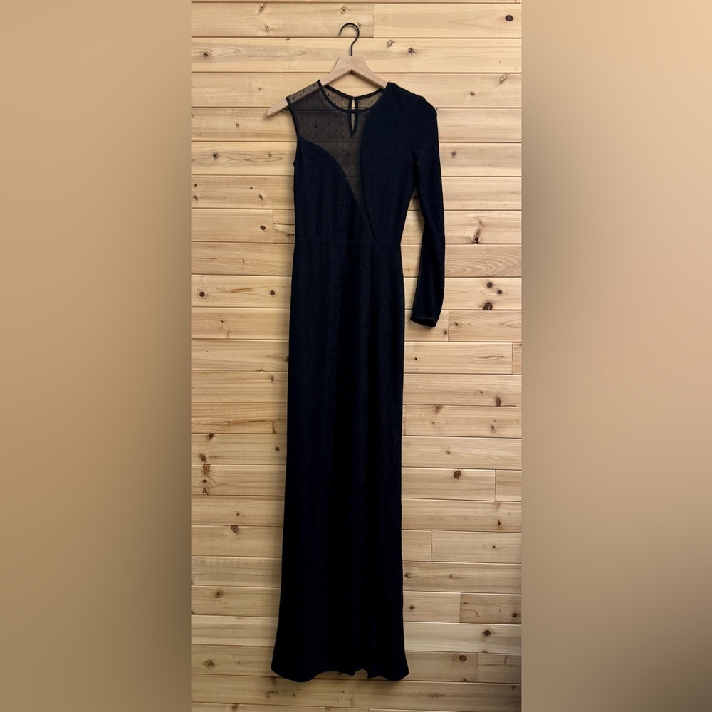 Allen Schwartz Size Small One Shoulder Sleeve Mesh Shimmery Black Formal Gown